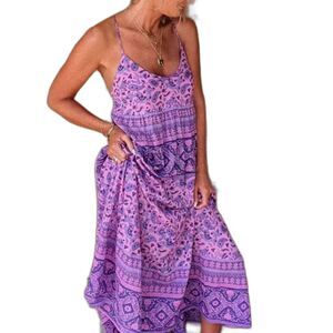 Lance Cade Resort Boho Multi-Color Purple Floral Paisley Maxi Dress